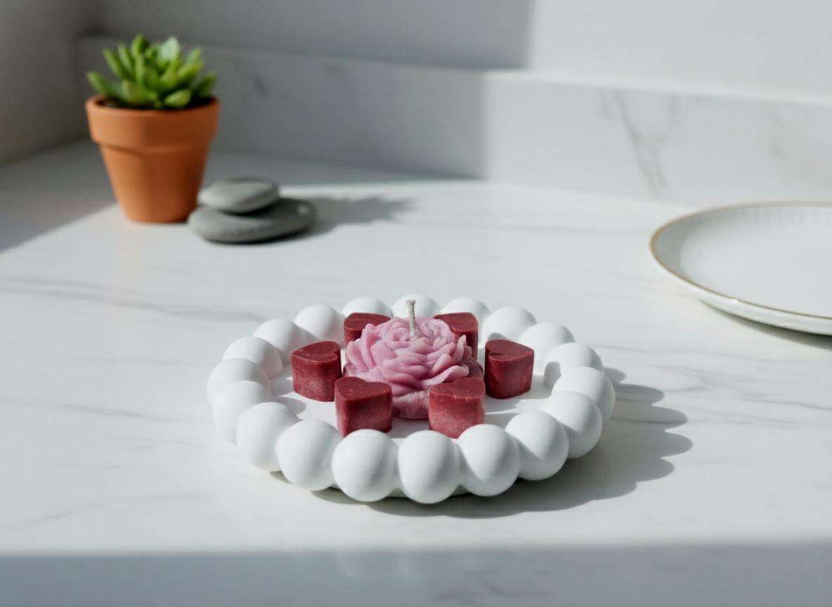 পিওনি এবং মিনি লাভ ক্যান্ডেল সহ বাবল রাউন্ড ট্রে | Bubble Round Tray with Peony & Mini Love Candle